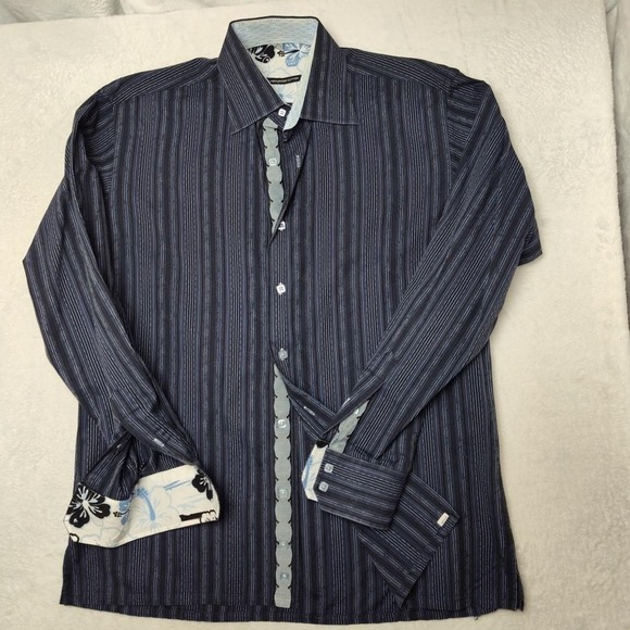 Visconti Uomo Shirt Mens M Blue Striped Long Sleeve Button Up Contrasting Trim - Picture 2 of 12
